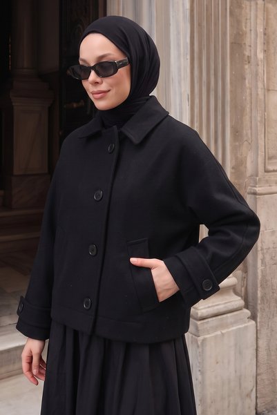 Salih Çelebi Buttoned Melton Coat 202727 - BLACK