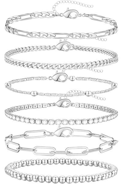 AZONEE Women’s Silver Bracelet Set - Adjustable Paperclip & Cuban Chain Layer...