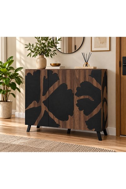 N.zone Modern Shoe Cabinet with Luxury Wood Design 3 Doors with Artistic Geom...