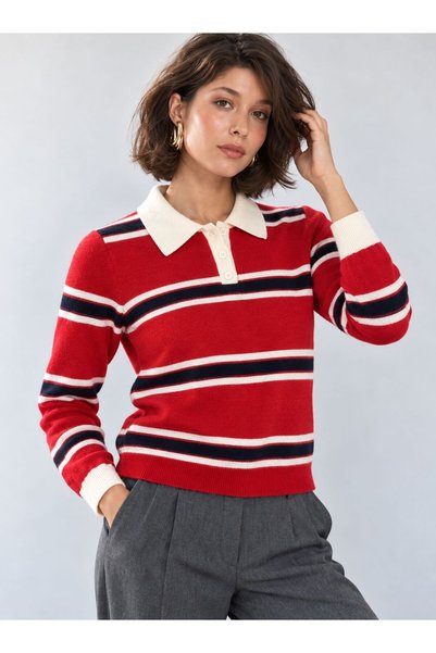 Lavinza Striped Polo Collar Sweater