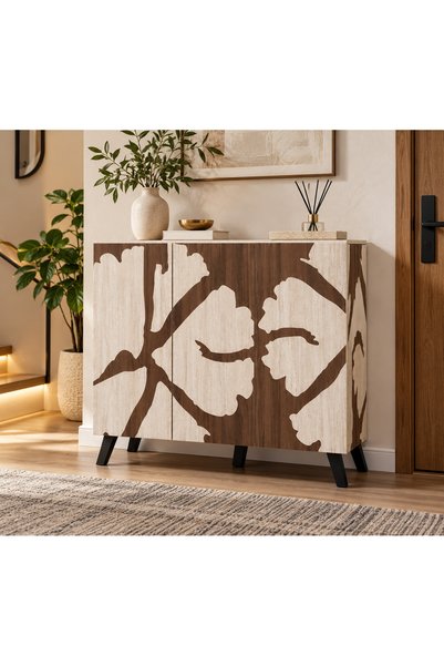 N.zone Modern Shoe Cabinet with Luxury Wood Design 3 Doors with Artistic Geom...