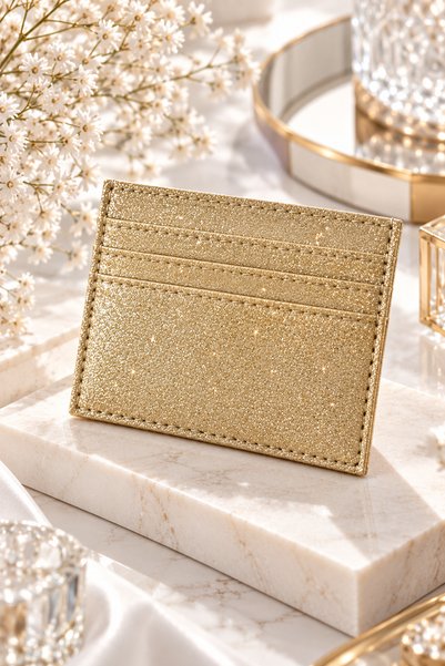 Sylvera Shop 7-Compartment Slim-Design Gold-Colored Glittery Card Holder & Wa...