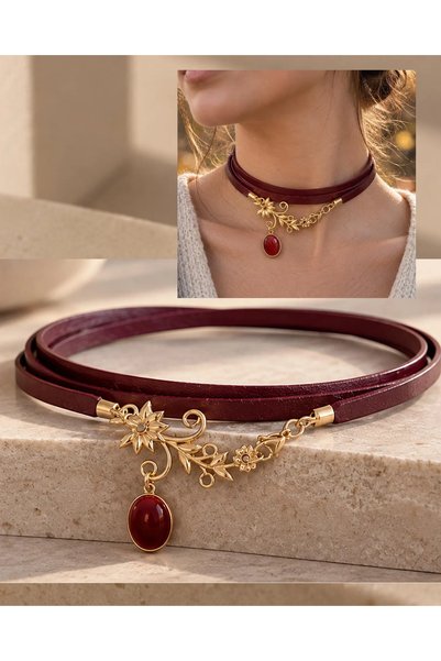 LADYMİRAGE GENUINE LEATHER RED CHOKER NECKLACE