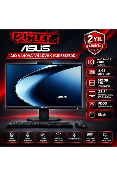 ASUS V400 V440VAK-C516512B0D Core 5 210H 16GB 512SSD 23.8" FullHD FreeDOS All In One Bilgisayar