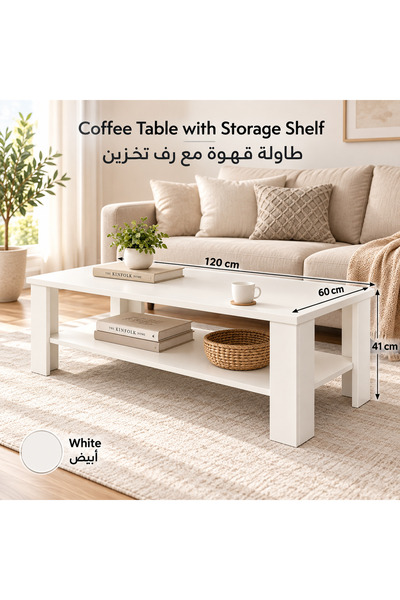 Habbaa Modern Rectangular Coffee Table with Lower Storage Shelf, Elegant Whit...