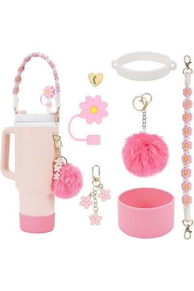 ALMEKAQUZ 7 PCS Tumbler Accessories Set,Pink Bottle Handle Strap Charms