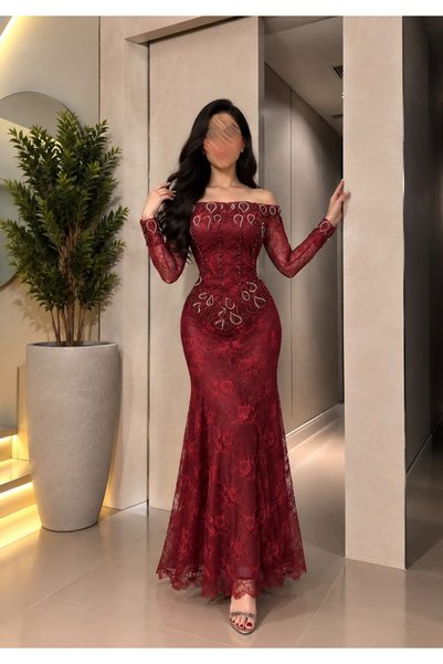 BAKLAFASHO Long Sleeve Off Shoulder Lace Evening Dress - Dark Burgundy