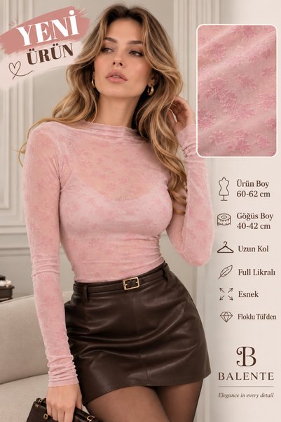 BALENTE Kadın Pembe Çiçek Desenli Floklu Tül Bluz Uzun Kollu Esnek Şık Tasarım