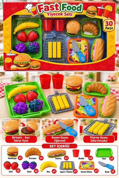 BYCEGU Çocuk Oyuncak Fast Food Yiyecek Seti 30 Parça Hamburger, Sandviç, Meyv...