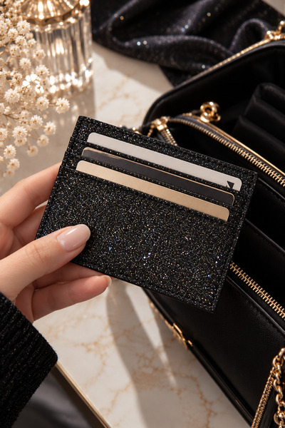 Sylvera Shop 7-Compartment Slim-Design Black Glittery Card Holder & Wallet