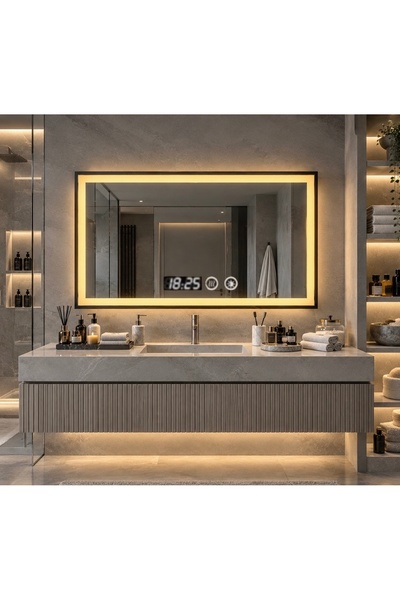 Magic Time Oglinda LED Touch DECORIALE cu Rama Neagra, Dezaburire , Ceas si T...