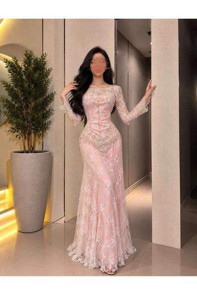BAKLAFASHO Long Sleeve Lace Applique Pearl Evening Dress - Light Pink