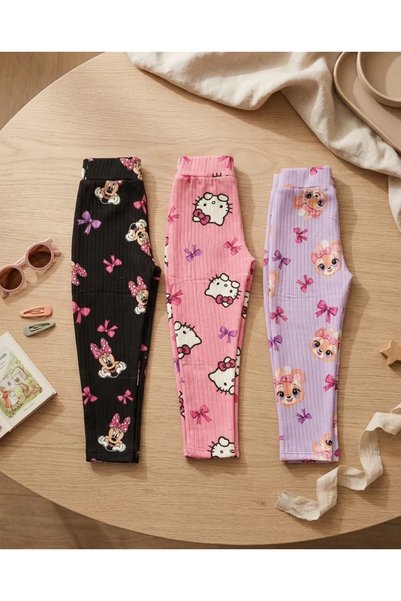 BOBSİ CO Girls' Corded Fabric, 100% Cotton Patterned 3-Piece Leggings Set