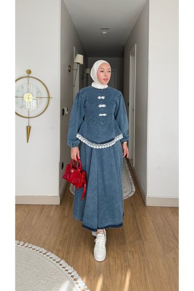 Colomer Long Modest Skirted Denim Set with Lace Details and Sleeve Detail