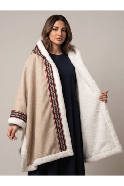 Abaya-AB Women's Winter Beige Fur White Coat Stylish - Plush Winter Jacket