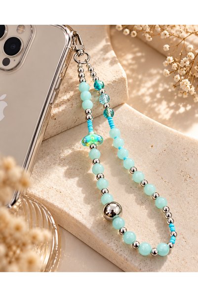 BY DİLEK ÇETİN ACCESSORY حزام هاتف أنيق مزين بالخرز الفيروزي وتعليقة زينة.