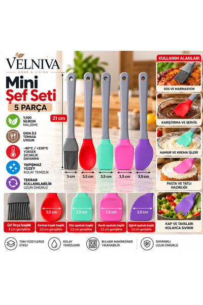 %100 Silikon 5'Lİ Mini Şef Seti Kaşık Fırça Spatula
