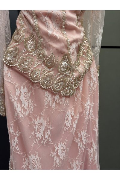 BAKLAFASHO Long Sleeve Lace Applique Pearl Evening Dress - Light Pink