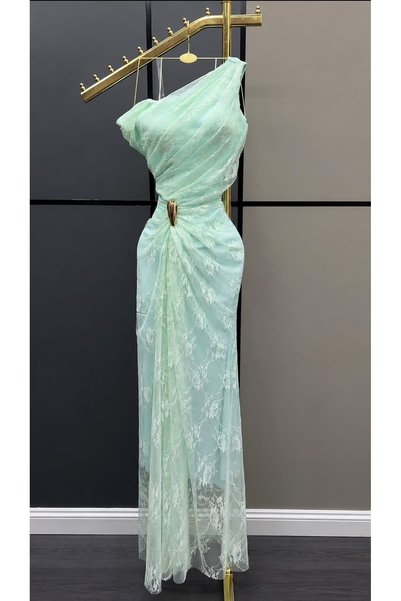 BAKLAFASHO One Shoulder Lace Long Evening Dress - Light Mint Green