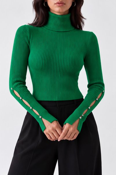 oshebu Women's Turtleneck Sweater with Stone-Embellished Collar