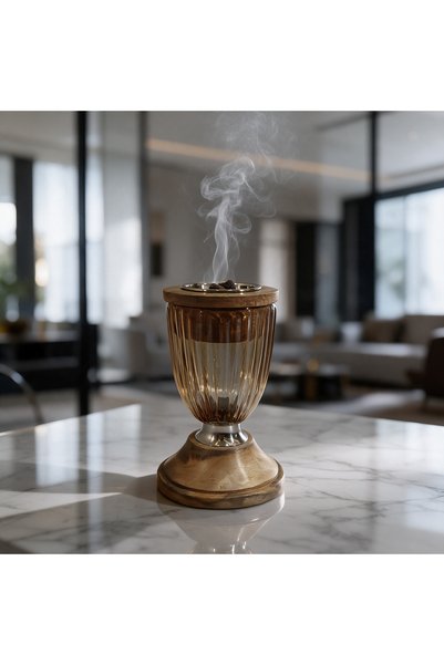 Generic Brand مبخرة هندى زجاج بنى فاتح بقاعدة خشب