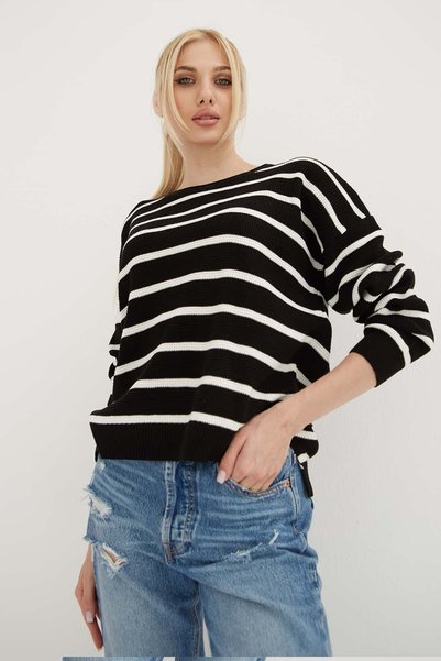 Fashion Friends Çizgili Regular Fit Bisiklet Yaka Triko Kazak Kadın KAZAK 26K0477K1