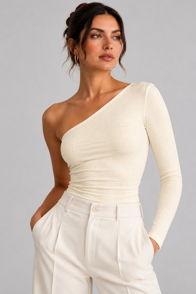 ZYKRION Women's Ecru One-Shoulder Long-Sleeved Mini Blouse with Square Patter...