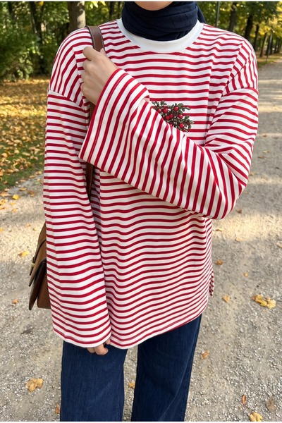 Kirazca Butik Women's Crew Neck Striped Printed Oversized Modest Sweatshirt T...