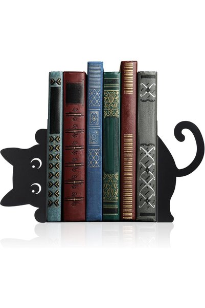 SYOSI Playful Cat Bookends for Shelves, 2-Pack Sturdy Metal Book Ends for Hom...