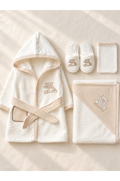 Lilliy 100% Cotton Boxed Teddy Bear Print Ecru Baby Robe Set, Ages 0–2: Towel...