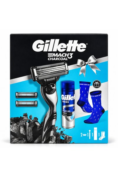 Gillette Set cadou pentru îngrijire și ras Mach3 Charcoal, 2 rezerve + 200 ml