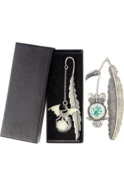 ELECDON Vintage Metal Feather Bookmark, 2 Pack Handmade Pendant Gifts, Glow i...