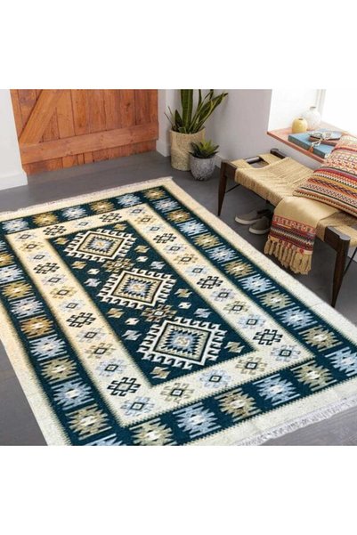 OEM Covor tradițional, dimensiune 140x210cm, verde și crem, model romb