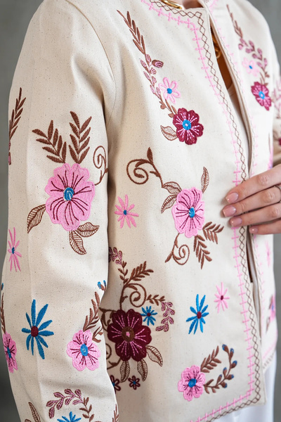 MetuCA Women's Ecru Floral-Embroidered Pure Cotton Linen Jacket, Bohemian Pin...