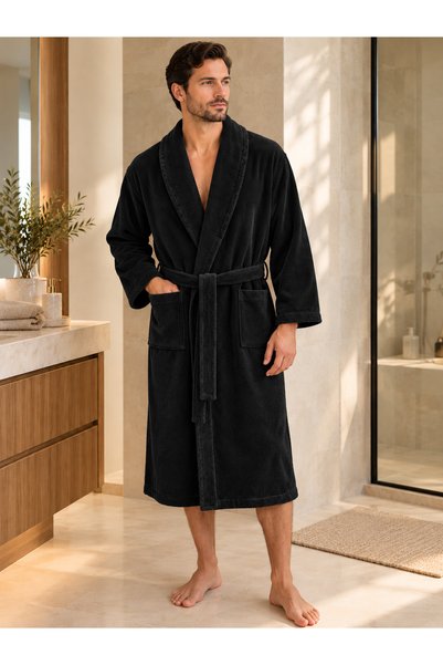 Nilyso Home Unisex μπουρνούζι από 100% βαμβάκι βελούδο, μαύρο, με γιακάς σάλι...