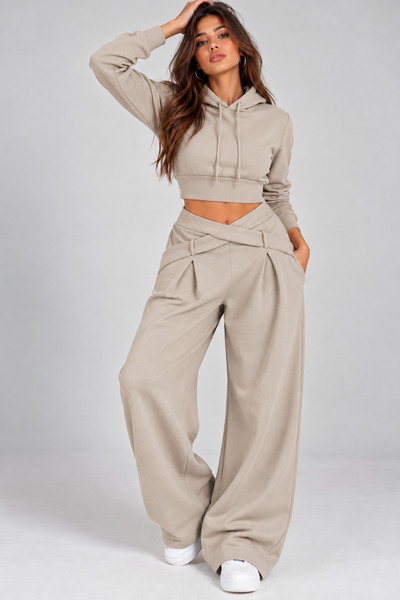 MODA Women's Oysho Fabric Hooded Cropped Top & Wide-Leg Pants Set