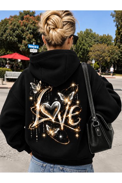 poswicon Black "Love" Butterfly-Printed 3-Ply Shadown Oversized Hooded Sweats...