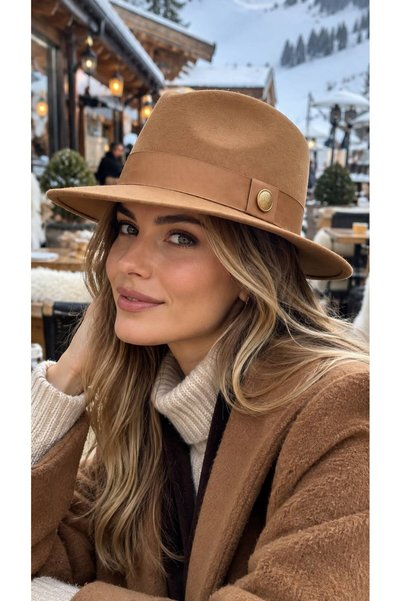 FELLMENS Camel Melton, Wide-Brimmed Cowboy Panama Fedora Women's Hat