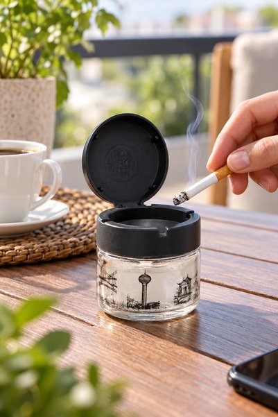 Yenilig Set of 5 Odorless Ashtrays with Lids – Patterned Model with Glass Bod...