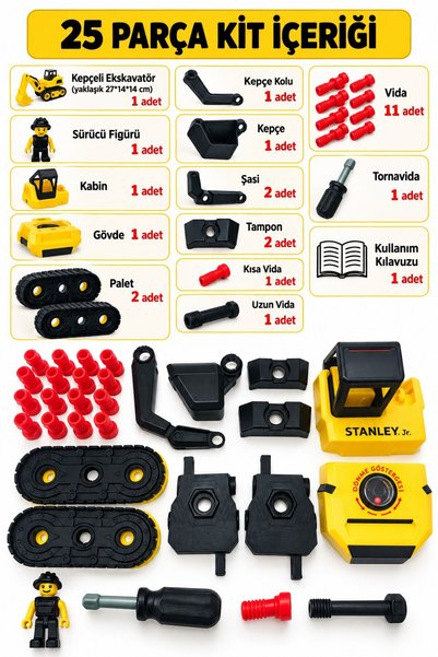 TOYFEST Tak Çıkar Ekskavatör 24 Parça Tornavidalı Figürlü STEM Stanley Jr. 28 cm