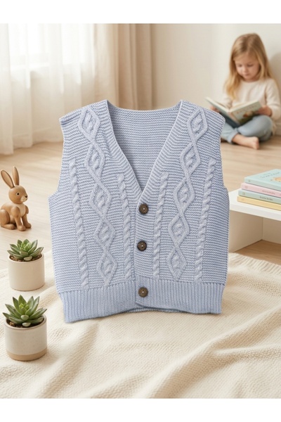 INFANT Vestă tricotată bebe cu torsade și nasturi lemn - 3 culori disponibile