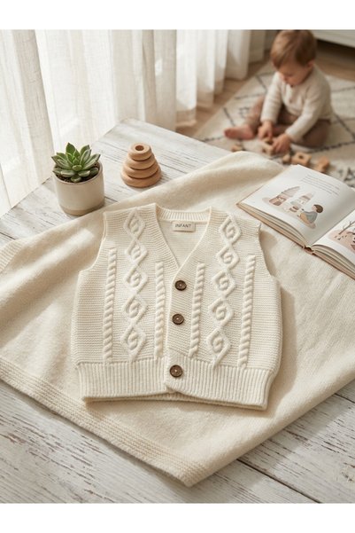 INFANT Vestă tricotată bebe cu torsade și nasturi lemn - 3 culori disponibile