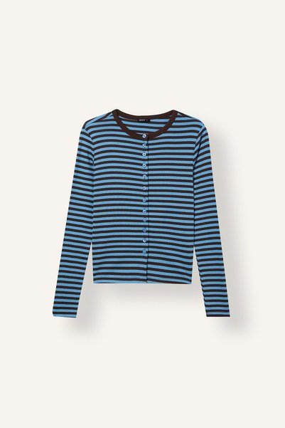 DeFacto 100% Cotton Slim Fit Crew Neck Rib Buttoned Striped Long Sleeve T-Shi...