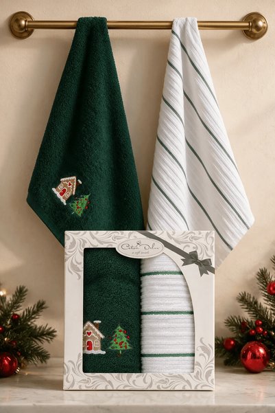 Modamina Boxed 2-Piece New Year's Embroidered Kitchen and Hand & Face Towel S...