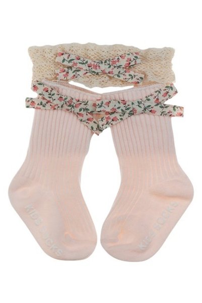 ddaniela Victoria Ribbon Bow Turban and Socks Set for Babies - Baby Pink