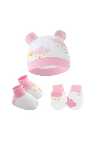Bambimici Cloud Print Hat, Booties, and Mittens – White
