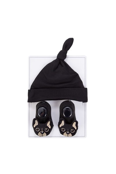 Bambimici Little Champ Baby Knot Hat & Puppy Socks Set - Black