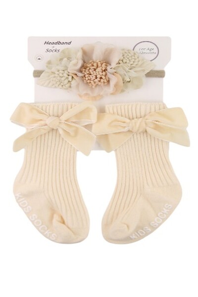 ddaniela Briana Beige Flower Headband and Socks Set for Babies - Cream