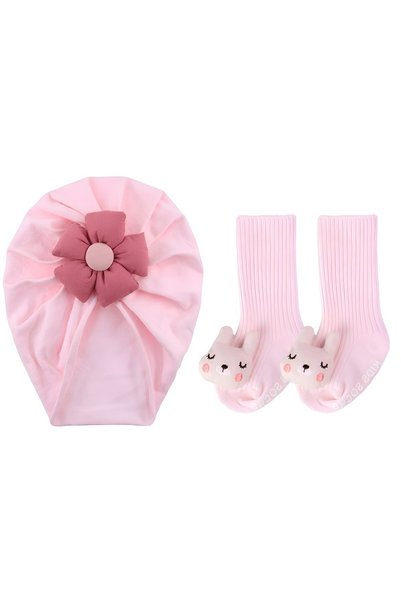 Bambimici Newborn Baby Turban Cap & Anti-Slip Bunny Socks Gift Set - Pink
