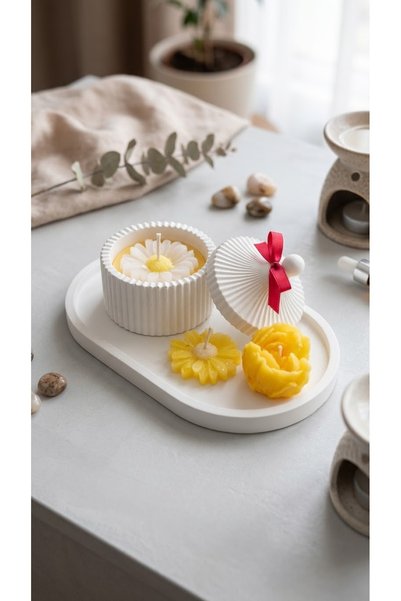 Kapaklı Kutulu-Tabaklı ve Çiçek Figürlü Mum Dekoratif Set